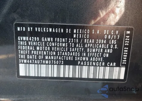 2017 Volkswagen Golf Gti Autobahn 4-Door/S 4-Door/Se 4-Door/Sport 4-Door из США, поврежденный, VIN 3VW447AU7HM075073